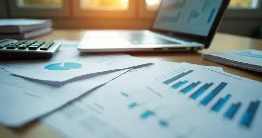 Mesa de trabalho com documentos fiscais antigos, calculadora e laptop aberto mostrando planilhas tributárias detalhadas